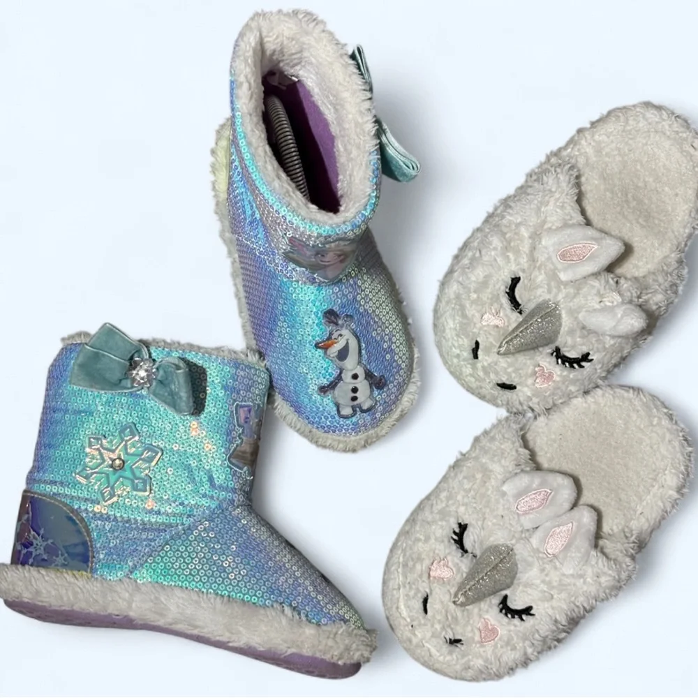 Girls’ Slippers Bundle Frozen Olaf‎ Unicorn Fuzzy Toddler Little Kids size 11
